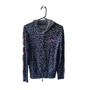 ED HARDY CHRISTIAN AUDIGIER LOVE KILLS SLOWLY LEOPARD HOODIE SWEATER CARDIGAN S